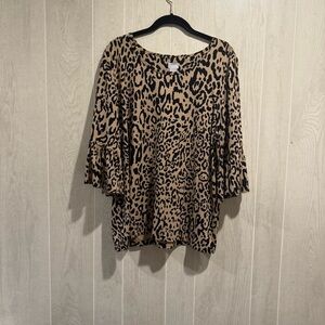 Chico's Tan and Black Leopard Print Blouse, Bell Sleeve- 16